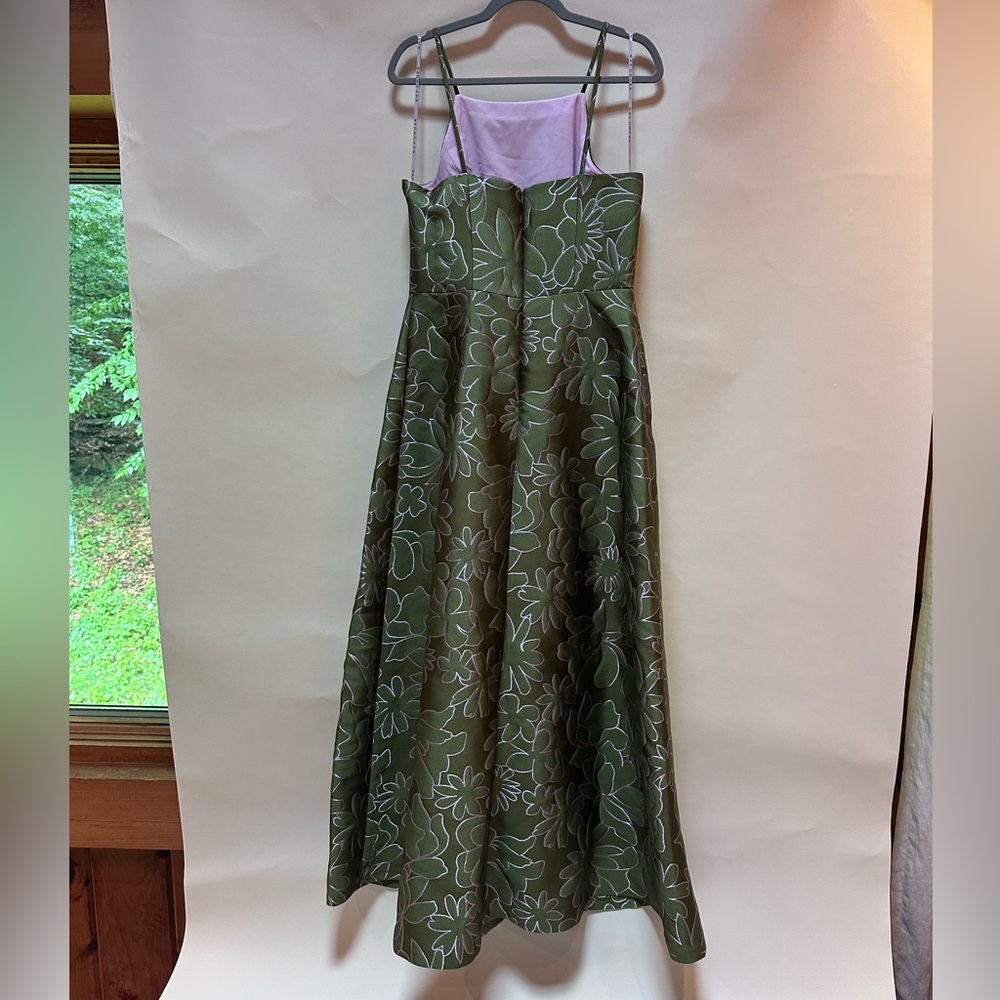 Kay Unger Jada Jacquard Halter Neck Gown Dress Green w/ Pink Embroidery Size  8 - Picture 11 of 13